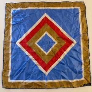 Vintage Italian Silk Pocket Square Scarf Blue Gold Red Geometric 18”